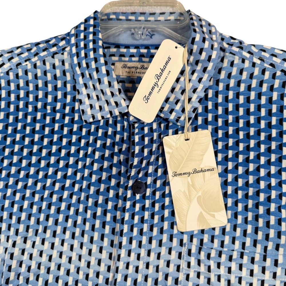 NEW Tommy Bahama Button Down Shirt Mens Large Blue Veracruz Cay Ombre Geo Print